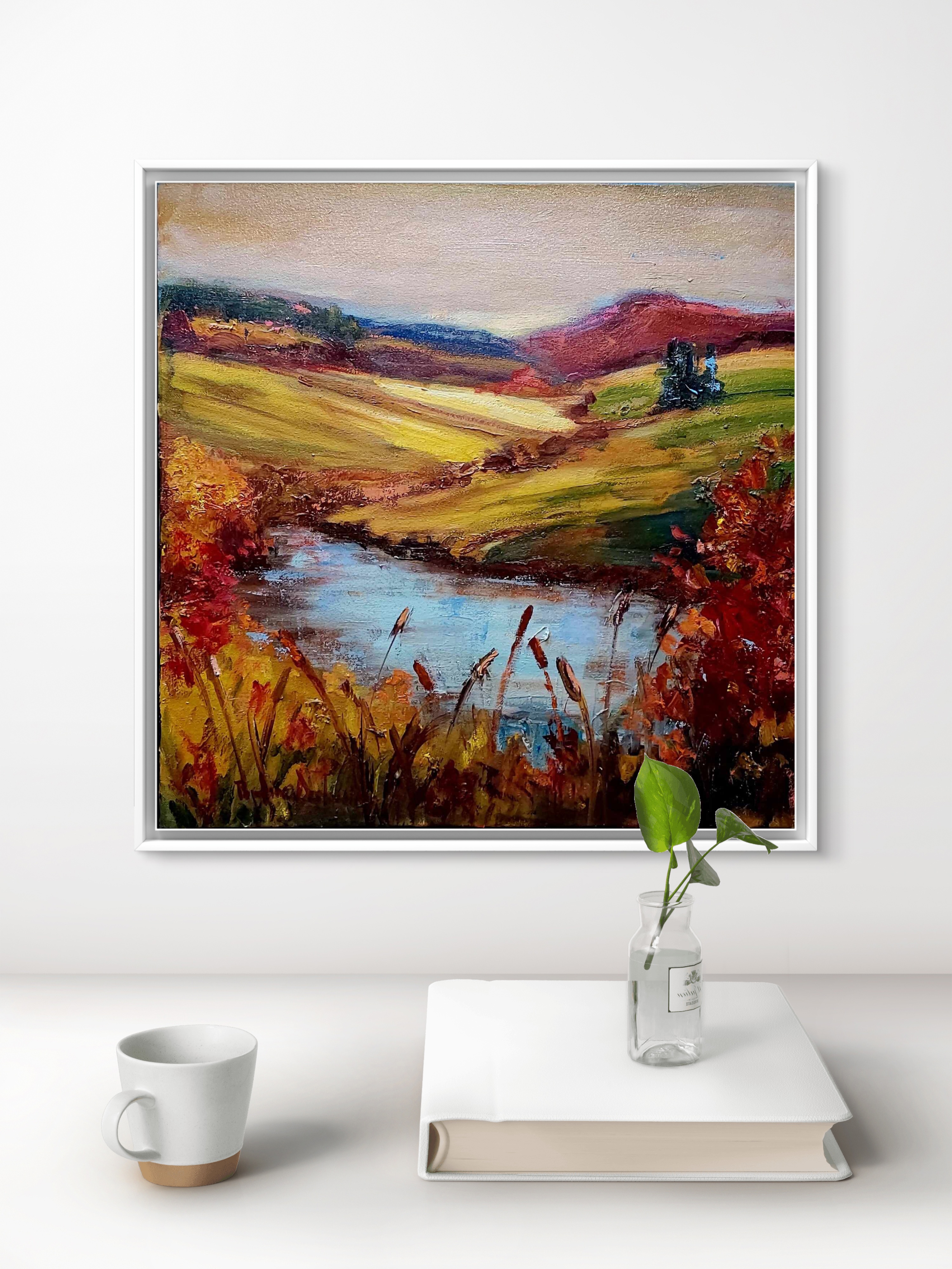 Nature toile à l’huile 16 pouces par 16 pouces une rivière coule paisiblement entre des collines d’arbres oranges et rouge de l’automne du Québec 