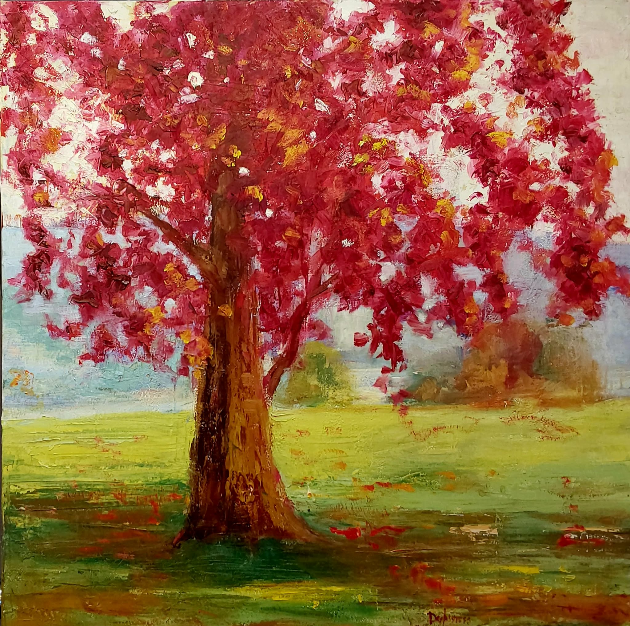 Toile originale de l’artiste Pauline Deslauriers Un arbre rouge flamboyant domine la scène, symbole de transformation et de vitalité. Sur fond de champ lumineux et d’horizon brumeux, la toile marie intensité chromatique et douceur atmosphérique dans une évocation sensible du passage des saisons.