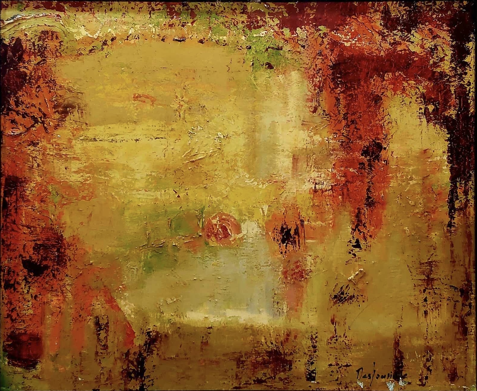ÉVEIL Toile abstraite surdimensionnée 20 pouces par 24 pouces par l’artiste Pauline Deslauriers dans les teinte de rouge d’or et de bronze qui incite à l’énergie de la vie. Cette toile inspire la vigueur et la détermination.