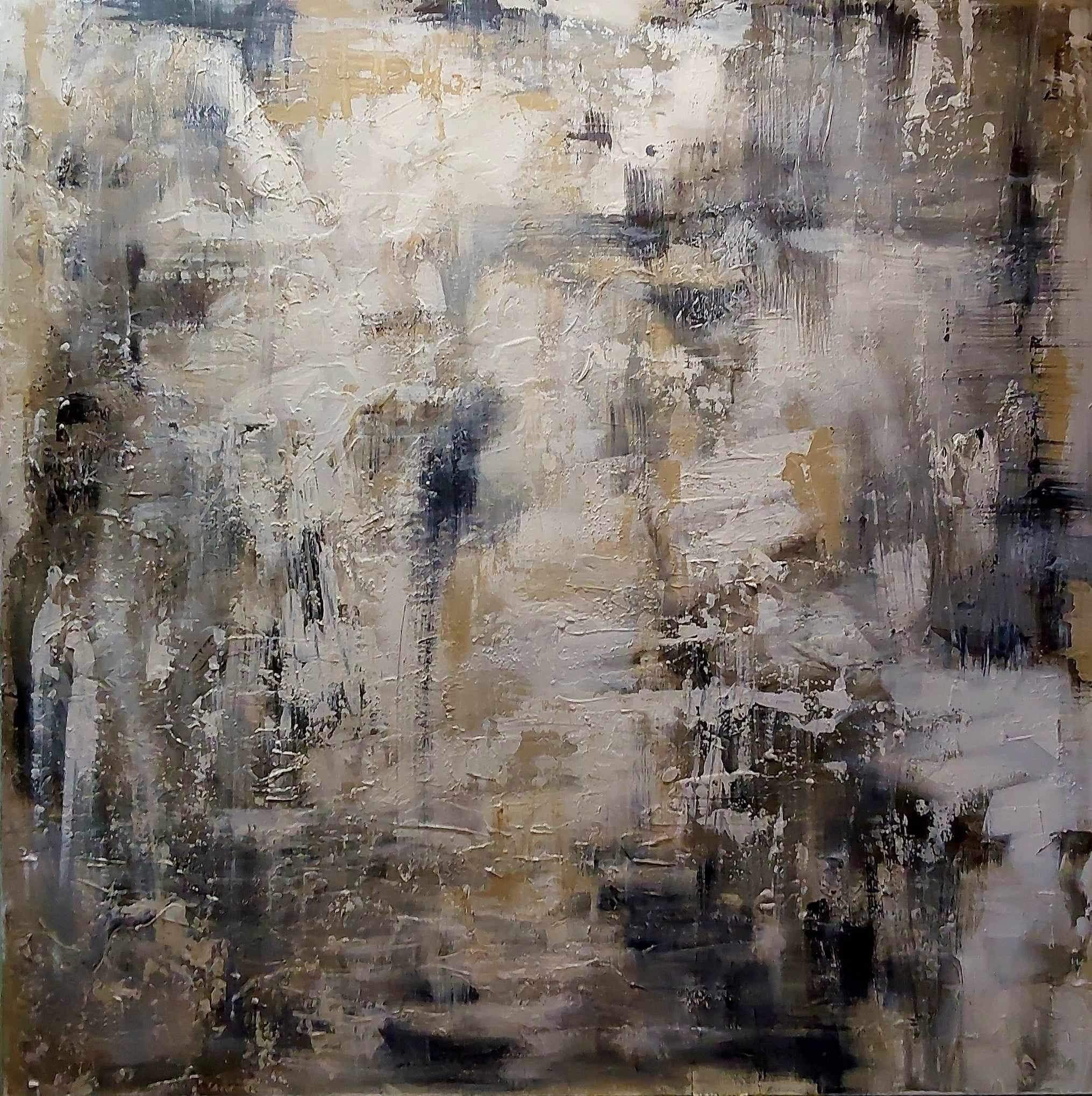 Cérémonie Toile abstraite surdimensionnée 48 pouces par 48 pouces par l’artiste Pauline Deslauriers dans les teinte de gris bleutés en contraste subtil sur fond de crème. La toile inspire le calme et la sérénité.