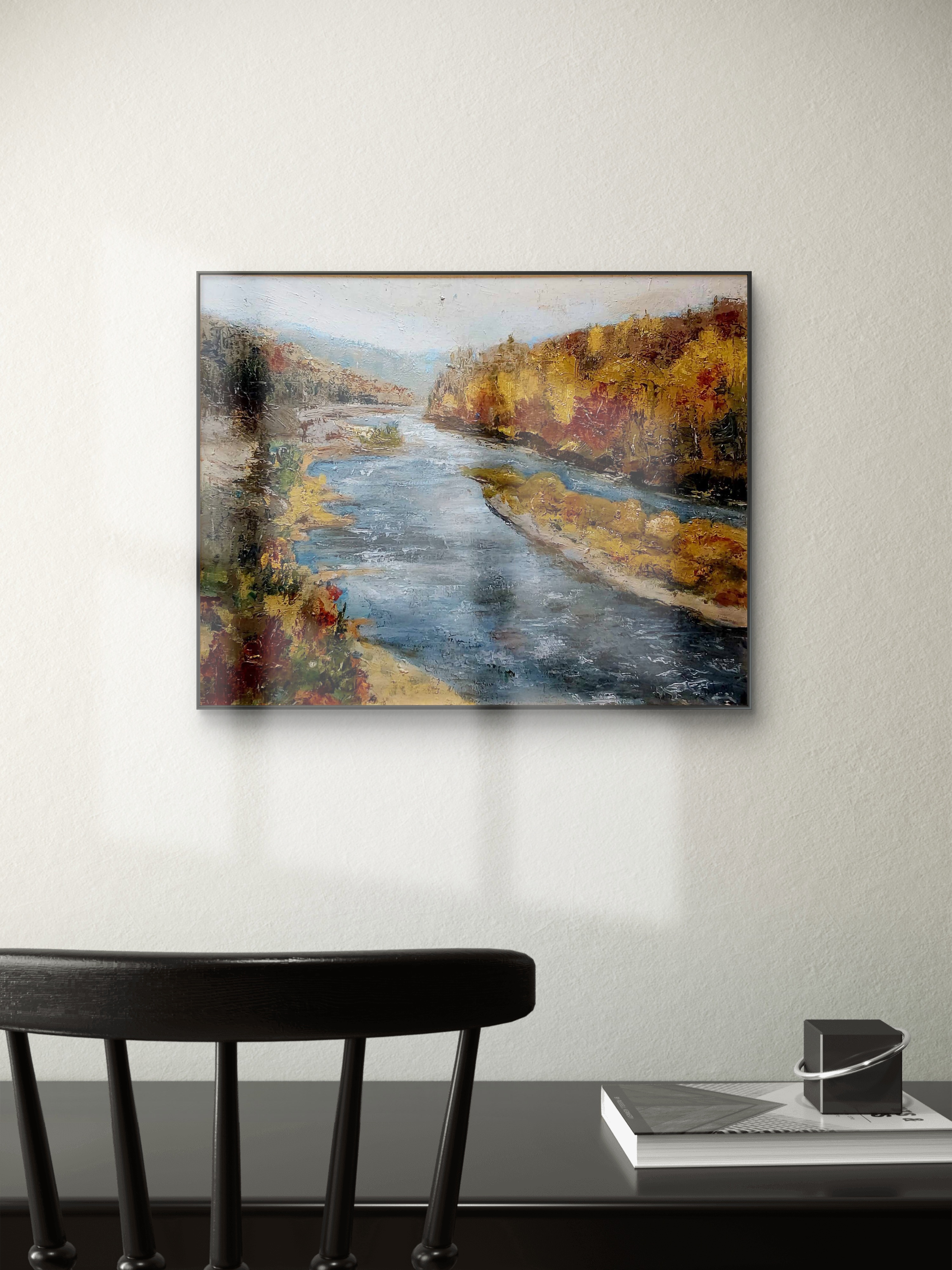 Nature Sauvage toile à l’huile 24pouces par 30 pouces une rivière coule paisiblement entre des collines d’arbres oranges et rouge de l’automne du Québec 