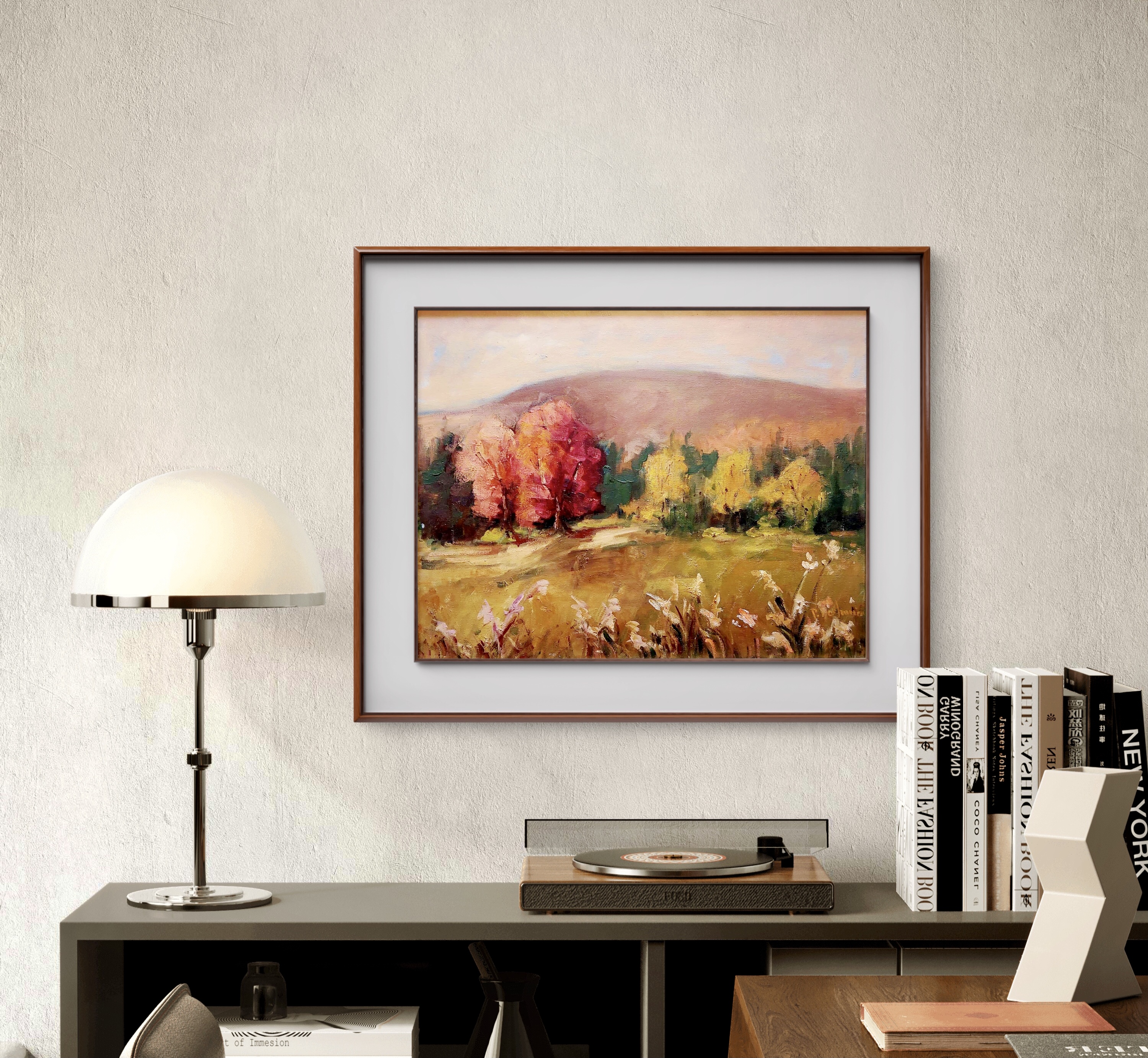Nature toile à l’huile 16 pouces par 16 pouces une rivière coule paisiblement entre des collines d’arbres oranges et rouge de l’automne du Québec 