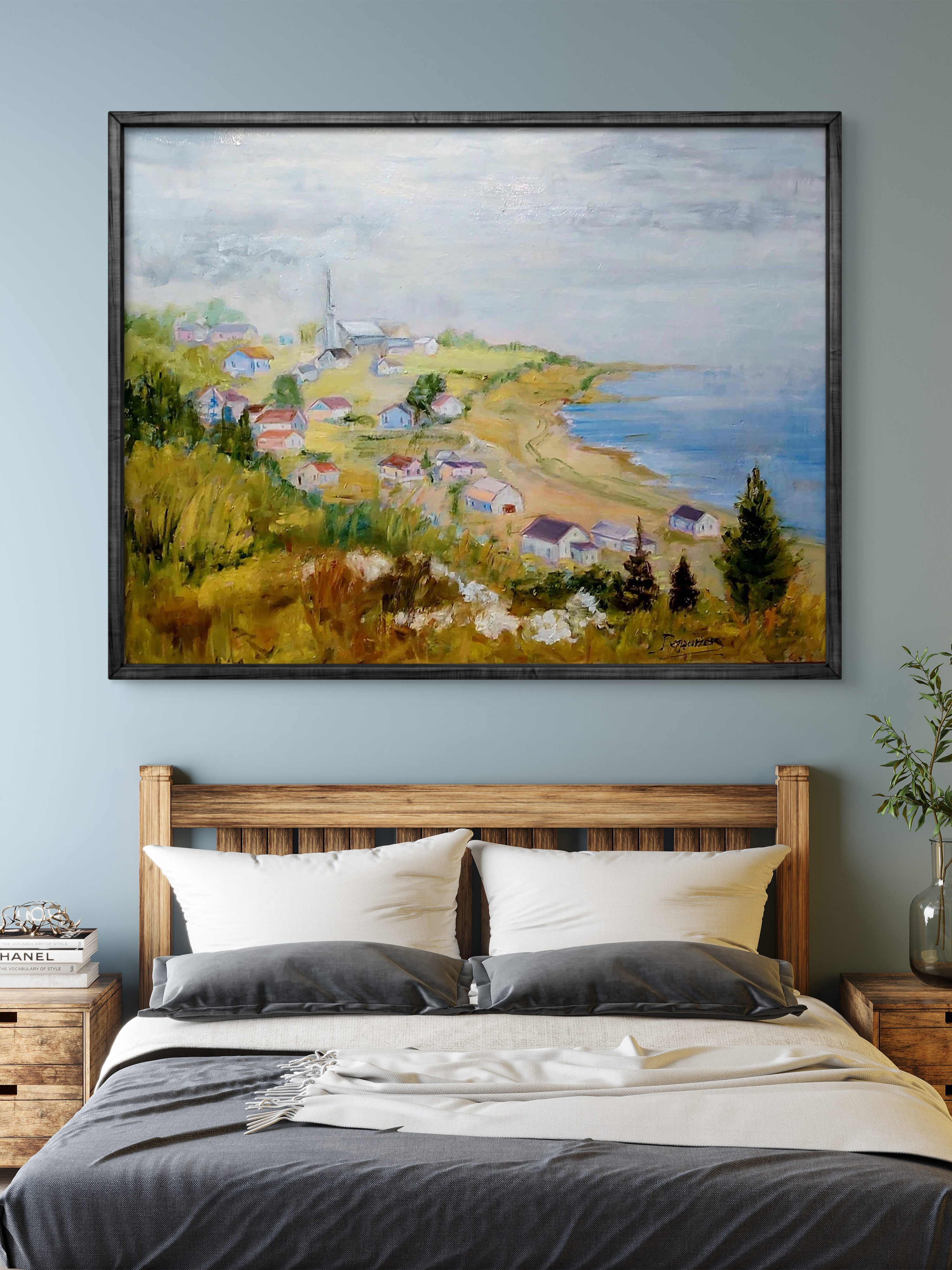 Nature toile à l’huile 16 pouces par 16 pouces une rivière coule paisiblement entre des collines d’arbres oranges et rouge de l’automne du Québec 