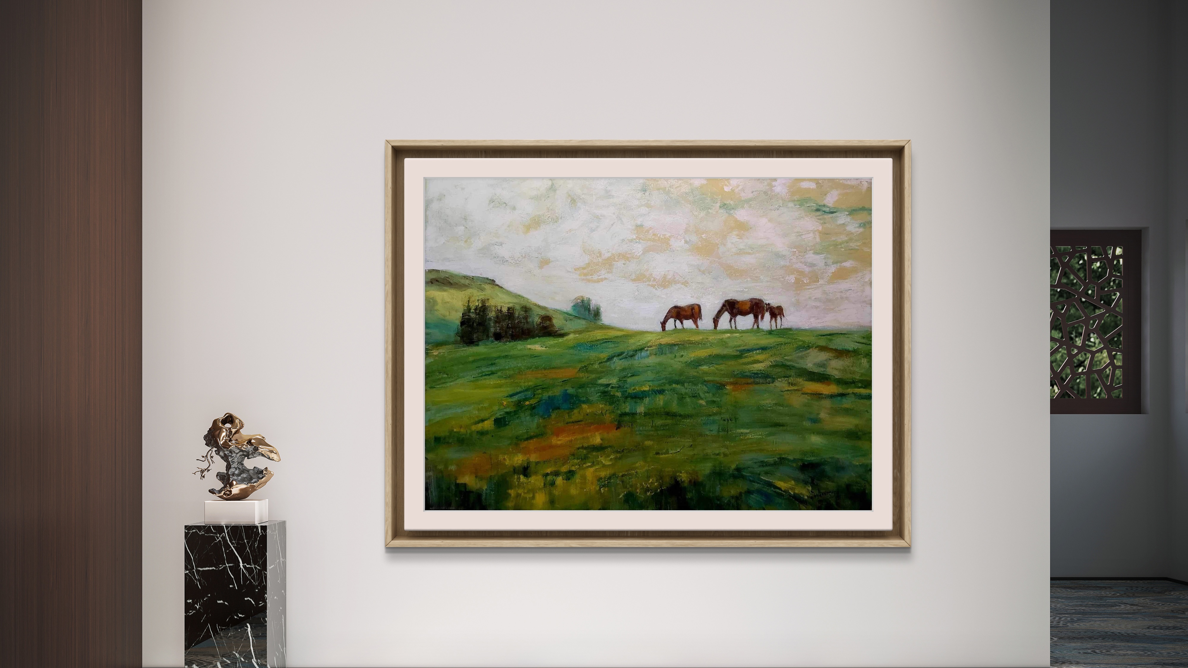 Paysage plaine verdoyante trois chevaux bruns