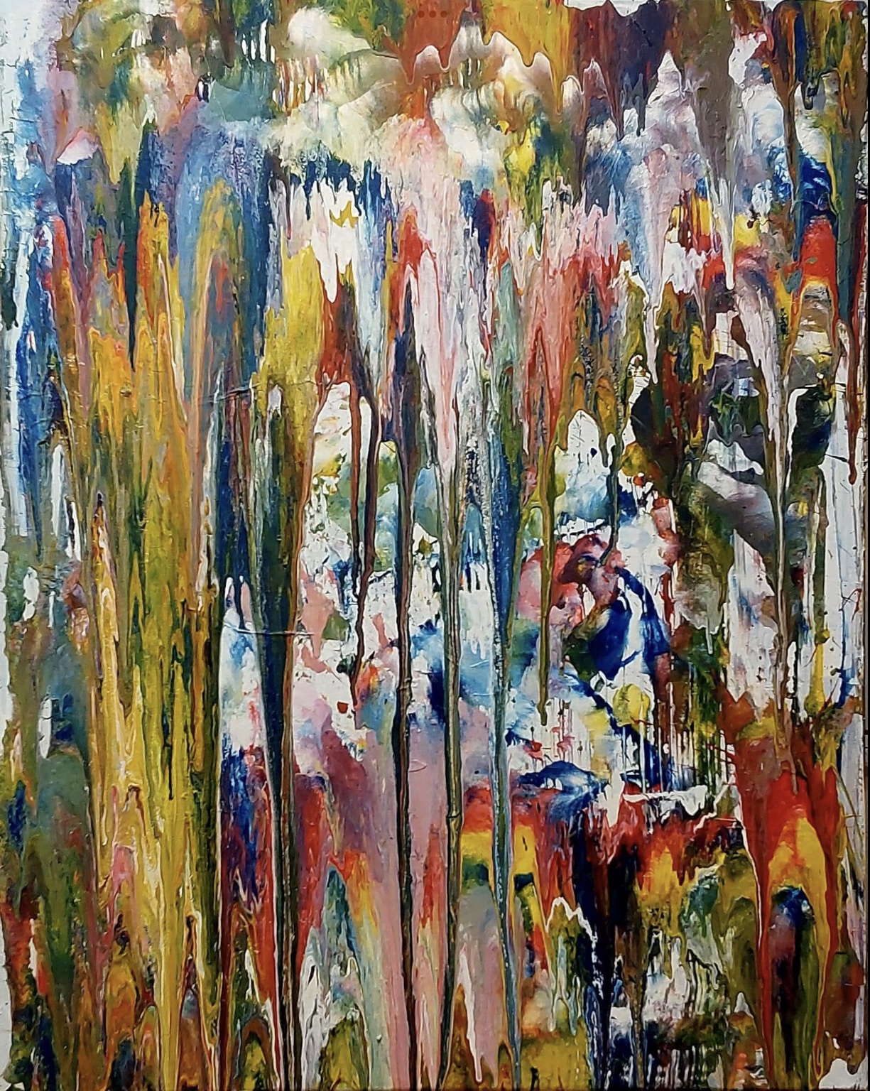 Fantaisie  Toile abstraite surdimensionnée 30 pouces par 24 pouces par l’artiste Pauline Deslauriers dans les teinte d’arc en ciel  une pluie de larmes de couleurs en effervescence qui incite à l’énergie de la vie. Cette toile inspire la vigueur et la détermination.